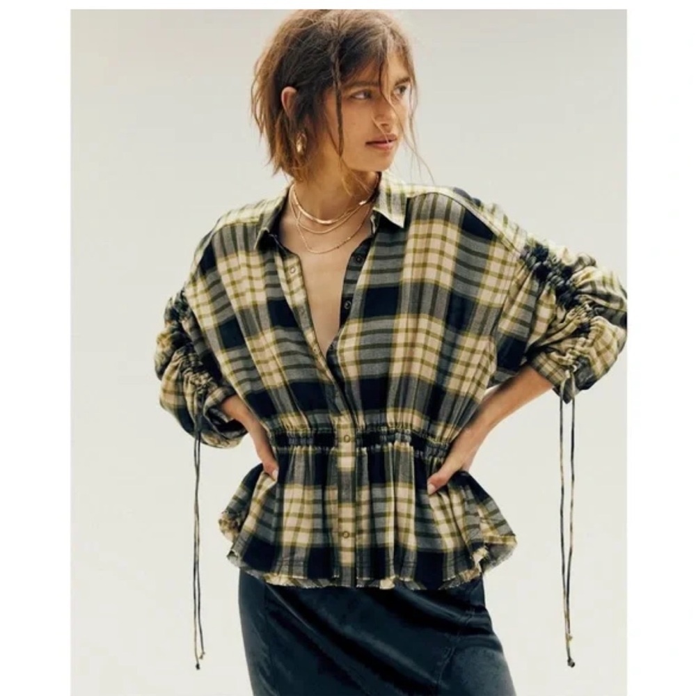 Free People Green and black/ blue  plaid button down top